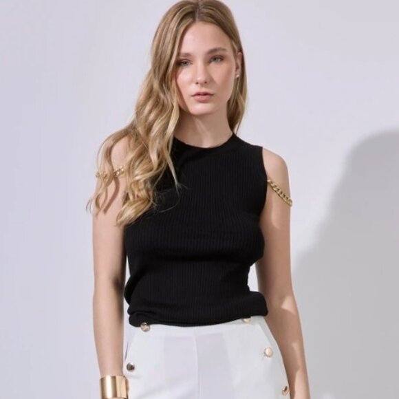 Catherine Malandrino Black ribbed sleeveless knit top with gold chains Small - Picture 1 of 10